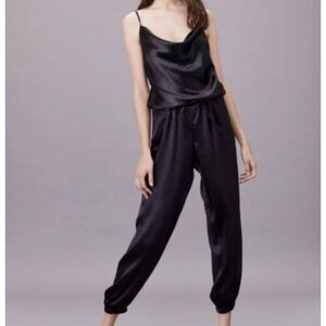 NWT LNA Cowl Cami Draped Neckline Elastic Hem Black Crinkle Jumpsuit Romper S